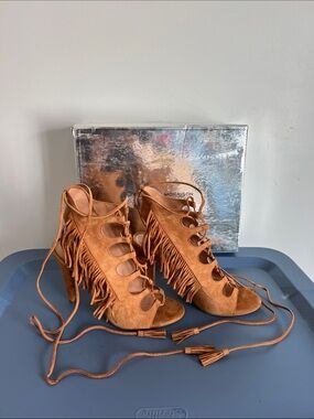 Sigerson Morrison marita tan capretto velour open toe heels sandals fringe 7.5